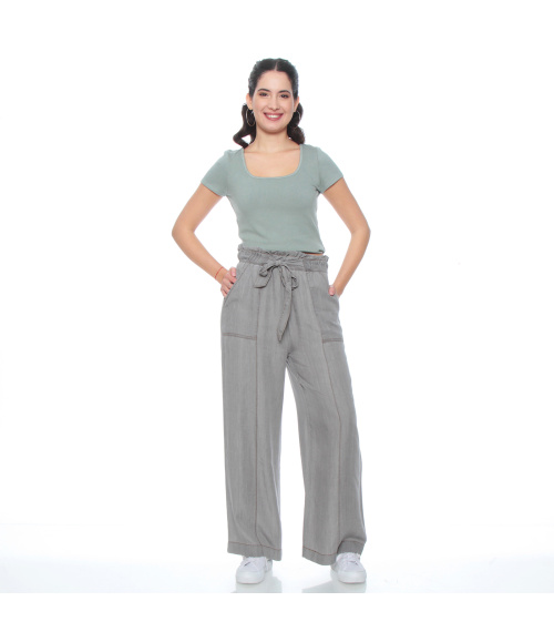 PANTALON LYOCELL WIDE LEG TIRO ALTO PRETINA ELASTICADA CON LAZO