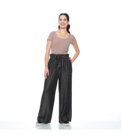 PANTALON LYOCELL WIDE LEG TIRO ALTO PRETINA ELASTICADA CON LAZO