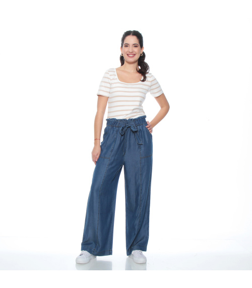 PANTALON LYOCELL WIDE LEG TIRO ALTO PRETINA ELASTICADA CON LAZO