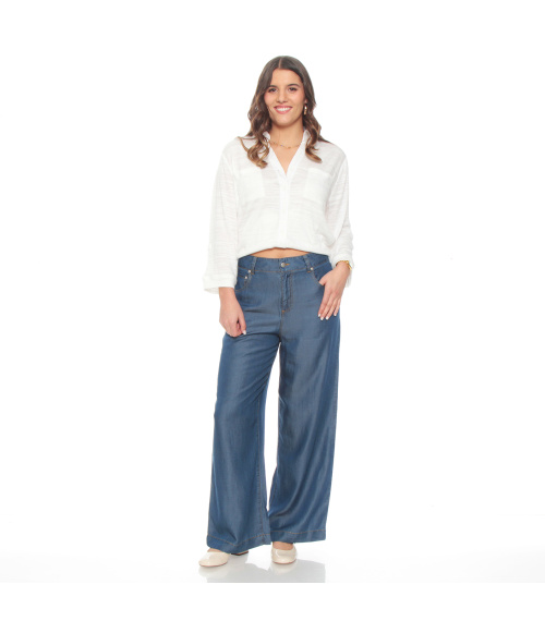 PANTALON LYOCELL WIDE LEG TIRO ALTO PRETINA BASICA 1 BOTON