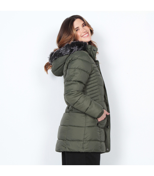 PARKA MANGA LARGA CON PIEL EN CAPUCHA Y BOLSILLOS CON CIERRE