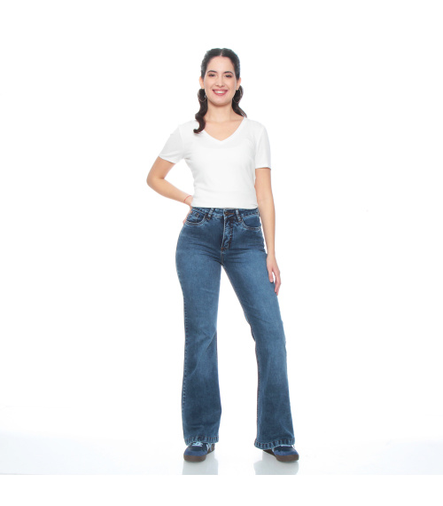 JEANS FLARE TIRO MEDIO PRETINA BASICA 1 BOTON