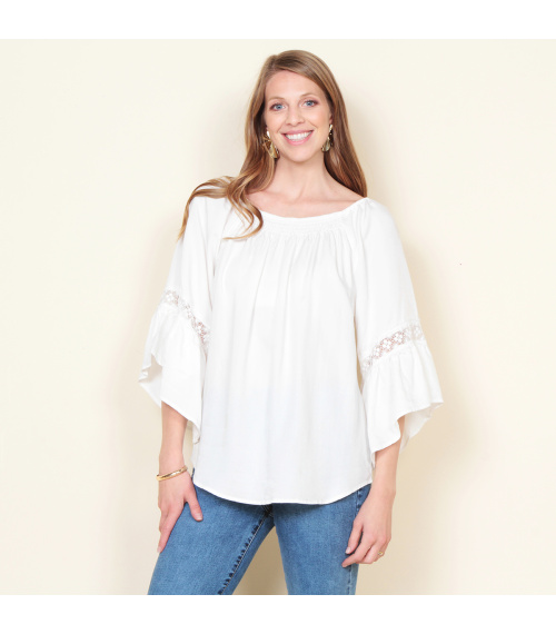 BLUSA MANGA 3/4 ACAMPANADA CON ESCOTES RECOGIDO