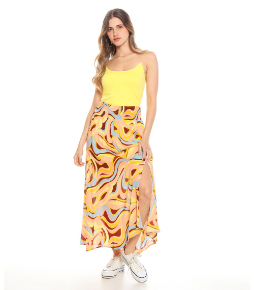 FALDA ESTAMPADA FORRADA ABERTURA A LA RODILLA PRETINA ELASTICADA