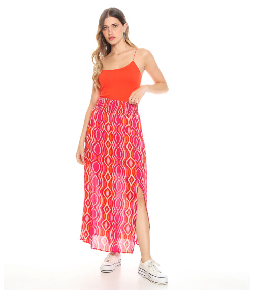 FALDA ESTAMPADA FORRADA ABERTURA A LA RODILLA PRETINA ELASTICADA