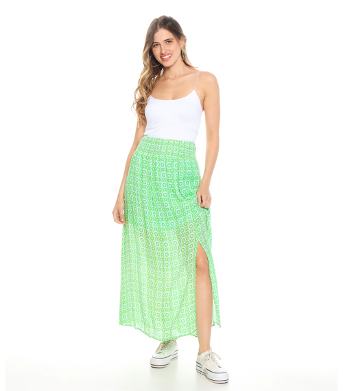 FALDA ESTAMPADA FORRADA ABERTURA A LA RODILLA PRETINA ELASTICADA