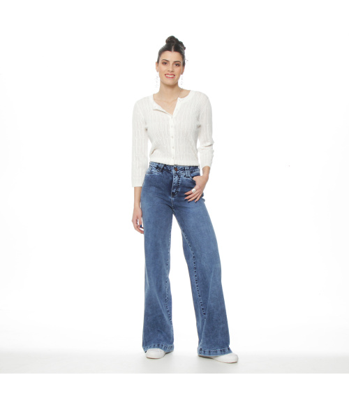 JEANS WIDE LEG TIRO ALTO PRETINA BASICA 1 BOTON