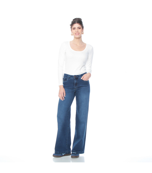 JEANS WIDE LEG TIRO ALTO PRETINA BASICA 1 BOTON