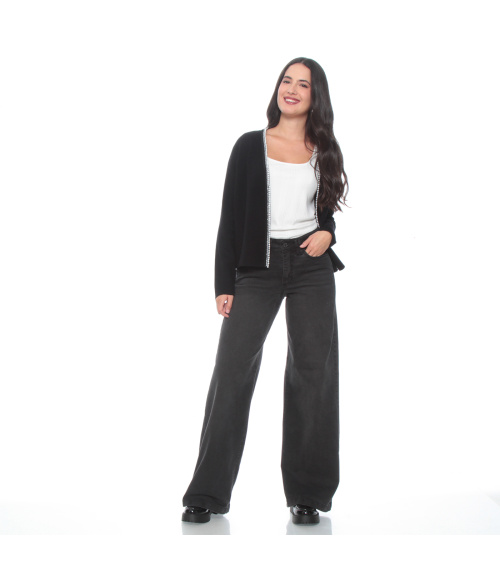 JEANS WIDE LEG TIRO ALTO PRETINA BASICA 1 BOTON