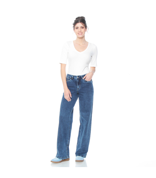 JEANS RECTO TIRO ALTO PRETINA BASICA 1 BOTON APLICACION TACHAS