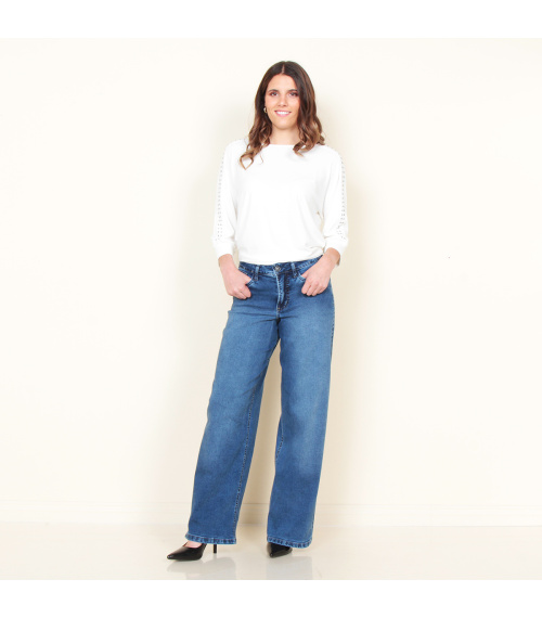 JEANS RECTO TIRO ALTO PRETINA 1 BOTON PUSH UP CINTURON DENIM