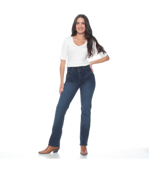JEANS SLIM TIRO ALTO PRETINA 2 BOTONES APLICACION TACHAS
