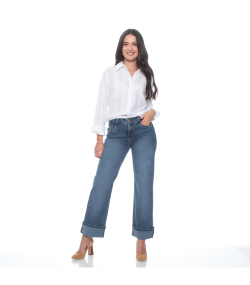 JEANS RECTO TIRO ALTO PRETINA BASICA 1 BOTON BASTA ROLL UP