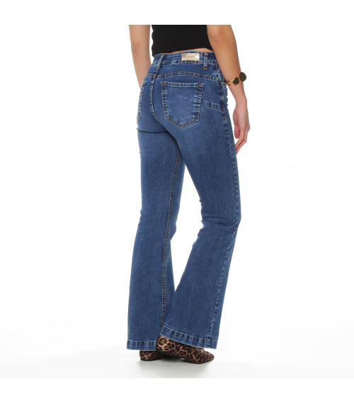 JEANS FLARE TIRO ALTO PRETINA BASICA 1 BOTON APLICACION STRASS