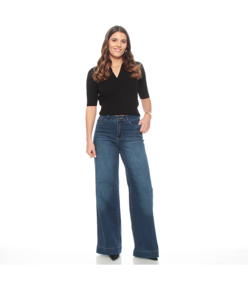 JEANS WIDE LEG TIRO ALTO PRETINA 1 BOTON