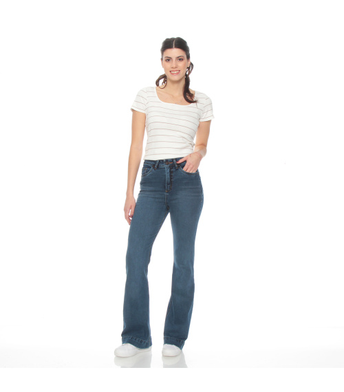 JEANS FLARE TIRO ALTO PRETINA BASICA 1 BOTON