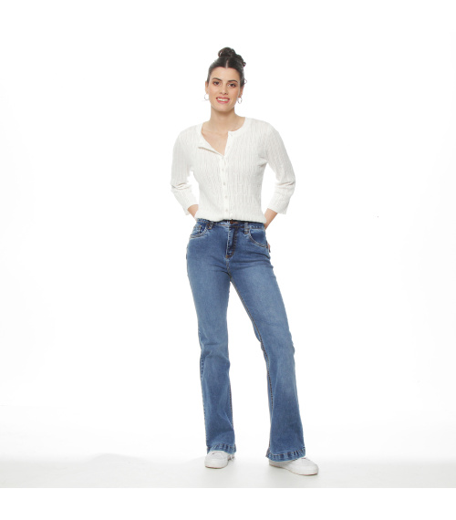 JEANS FLARE TIRO ALTO PRETINA BASICA 1 BOTON