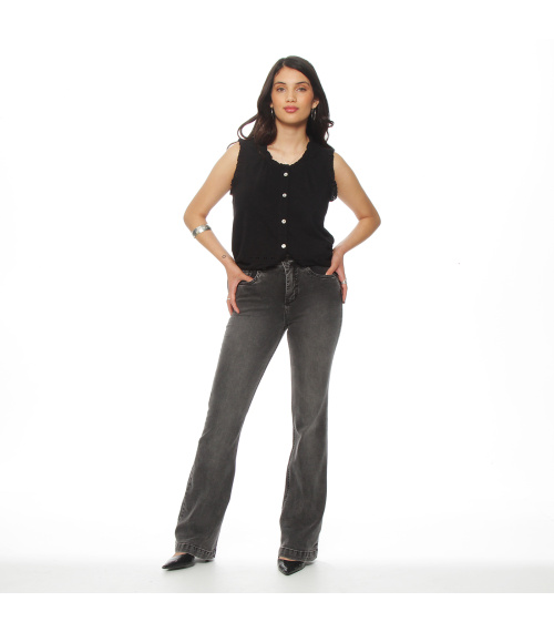 JEANS FLARE TIRO ALTO PRETINA BASICA 1 BOTON