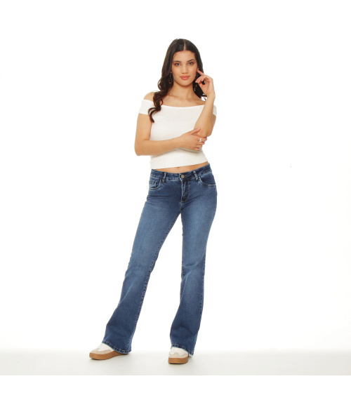 JEANS FLARE TIRO BAJO PRETINA BASICA 1 BOTON