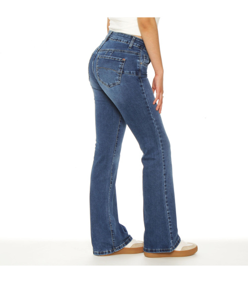 JEANS FLARE TIRO BAJO PRETINA BASICA 1 BOTON