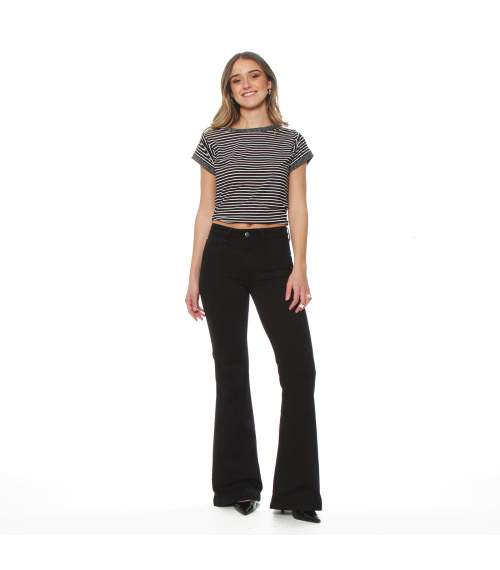 JEANS FLARE TIRO MEDIO PRETINA BASICA 1 BOTON