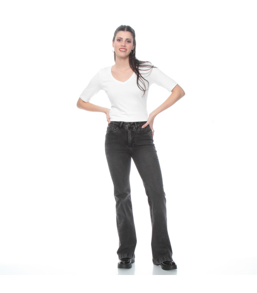 JEANS FLARE TIRO ALTO PUSH UP PRETINA BASICA 1 BOTON