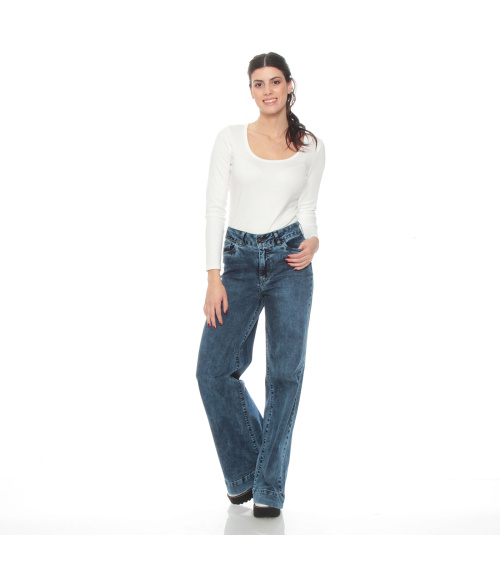 JEANS WIDE LEG TIRO ALTO PRETINA BASICA 1 BOTON PUSH UP