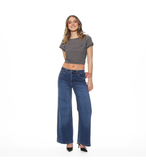 JEANS WIDE LEG TIRO ALTO COSTADILLO PRETINA BASICA 1 BOTON TACHAS