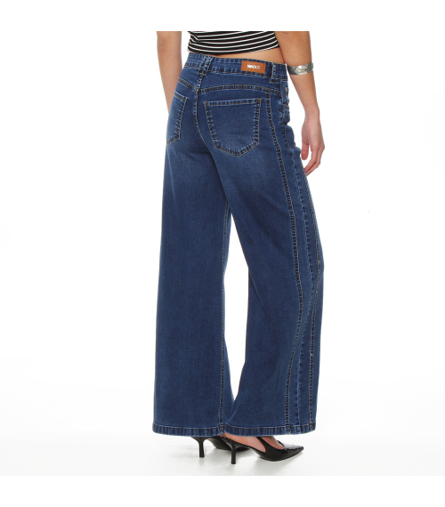 JEANS WIDE LEG TIRO ALTO COSTADILLO PRETINA BASICA 1 BOTON TACHAS