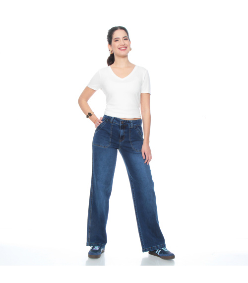 JEANS CARGO RECTO TIRO ALTO PUSH UP PRETINA 1 BOTON