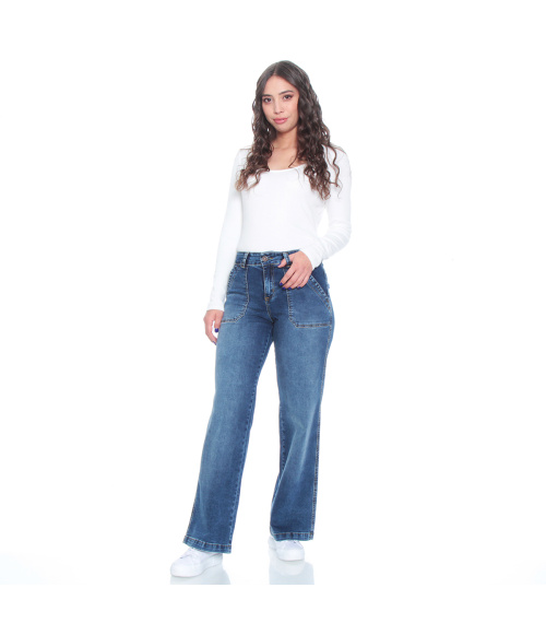 JEANS CARGO RECTO TIRO ALTO PUSH UP PRETINA 1 BOTON