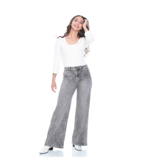 JEANS CARGO WIDE LEG TIRO ALTO PRETINA BASICA 1 BOTON COSTADILLO