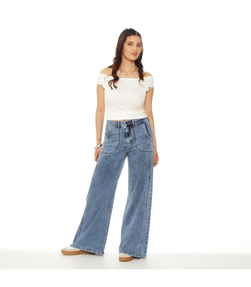 JEANS CARGO WIDE LEG TIRO ALTO PRETINA BASICA 1 BOTON COSTADILLO