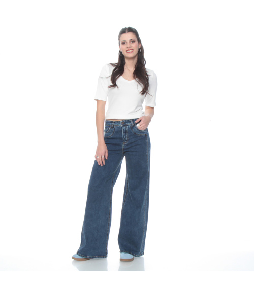 JEANS WIDE LEG TIRO ALTO COSTADILLO PRETINA BASICA 1 BOTON