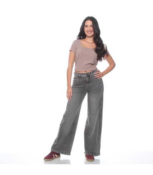 JEANS WIDE LEG TIRO ALTO COSTADILLO PRETINA BASICA 1 BOTON