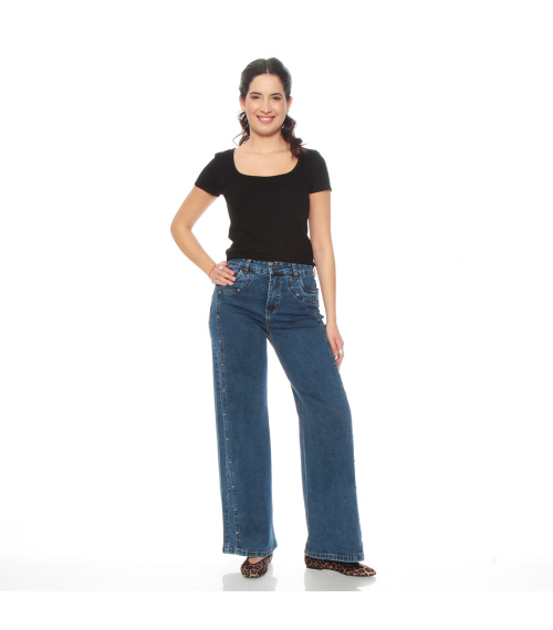 JEANS WIDE LEG COSTADILLO TIRO ALTO PRETINA BASICA 1 BOTON TACHAS
