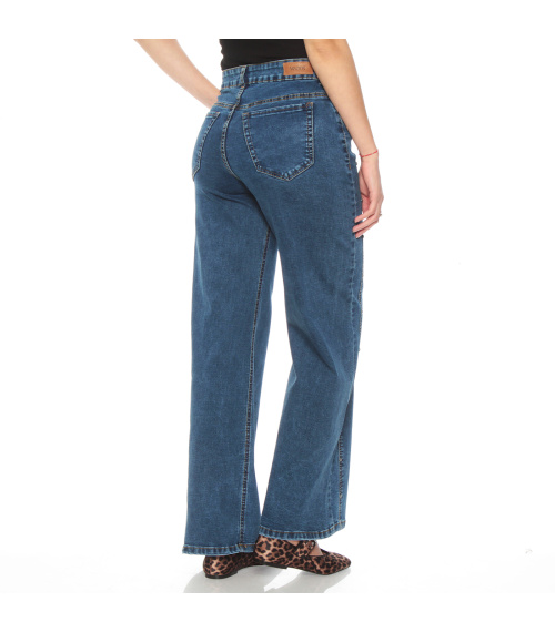 JEANS WIDE LEG COSTADILLO TIRO ALTO PRETINA BASICA 1 BOTON TACHAS