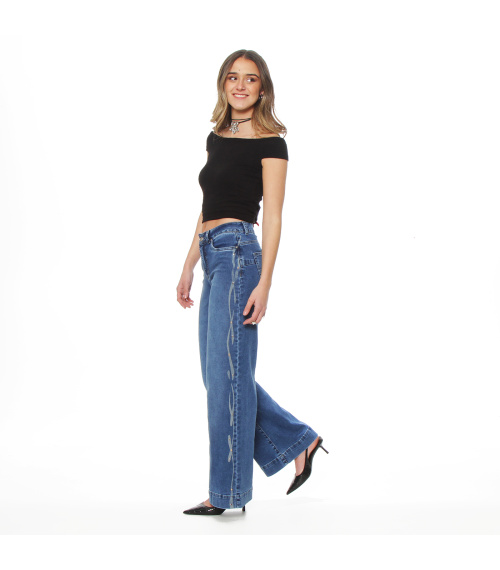 JEANS WIDE LEG TIRO ALTO PRETINA BASICA 1 BOTON APLICACION STRASS