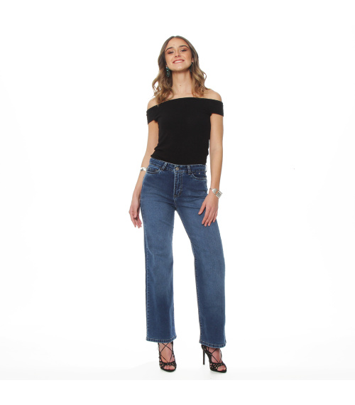 JEANS WIDE LEG TIRO ALTO PRETINA BASICA 1 BOTON APLICACION TACHAS