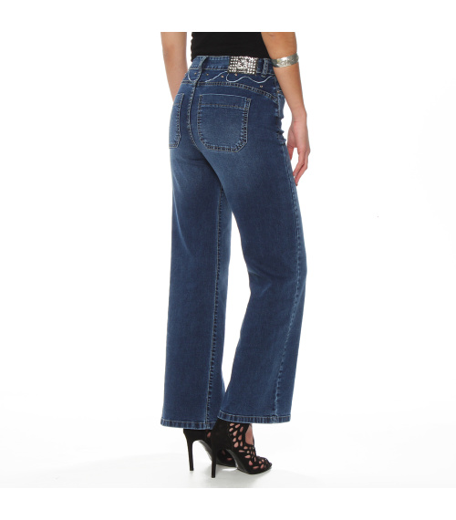 JEANS WIDE LEG TIRO ALTO PRETINA BASICA 1 BOTON APLICACION TACHAS