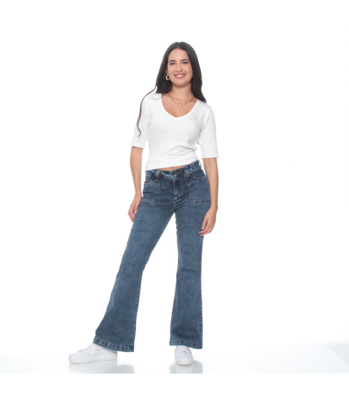 JEANS FLARE CARGO TIRO ALTO PRETINA BASICA
