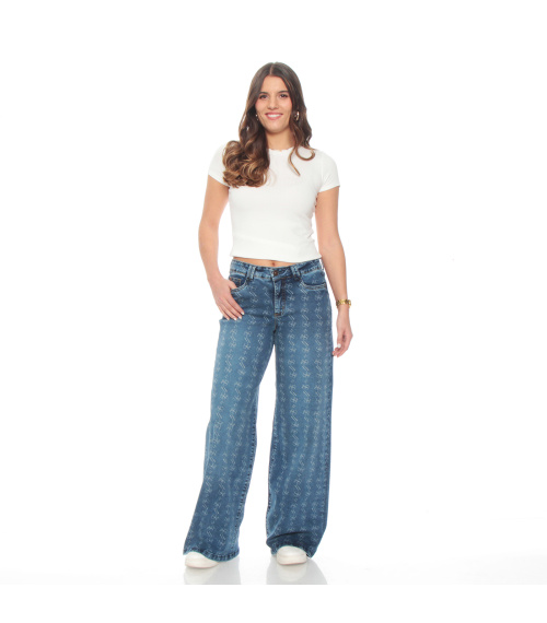 JEANS WIDE LEG TIRO ALTO FULL PRINT PRETINA 1 BOTON