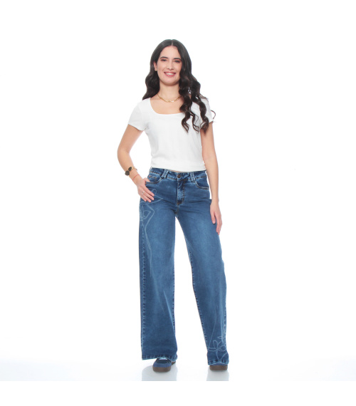 JEANS WIDE LEG TIRO ALTO FLOR LASER PRETINA BASICA 1 BOTON