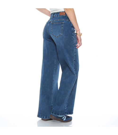 JEANS WIDE LEG TIRO ALTO FLOR LASER PRETINA BASICA 1 BOTON