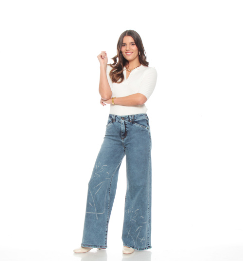 JEANS WIDE LEG TIRO ALTO PRINT PRETINA 1 BOTON