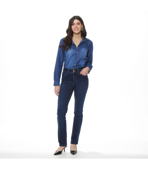 JEANS RECTO TIRO ALTO PRETINA MEDIA APLICACION BORDADO