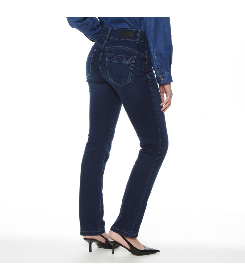 JEANS RECTO TIRO ALTO PRETINA MEDIA APLICACION BORDADO