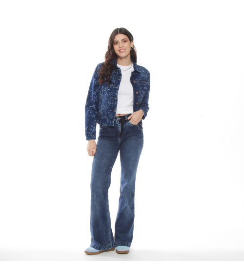 JEANS FLARE TIRO ALTO PUSH UP BORDADO PRETINA BASICA 1 BOTON