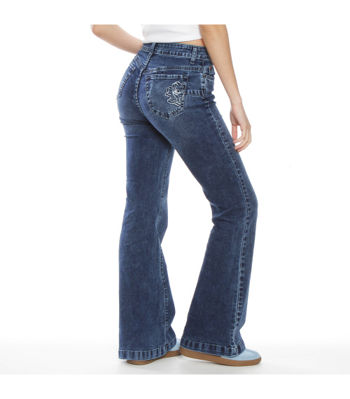 JEANS FLARE TIRO ALTO PUSH UP BORDADO PRETINA BASICA 1 BOTON