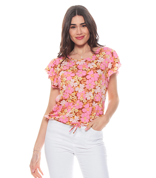 POLERA MANGA CORTA ESTAMPADA ESCOTE REDONDO AMARRA EN CINTURA